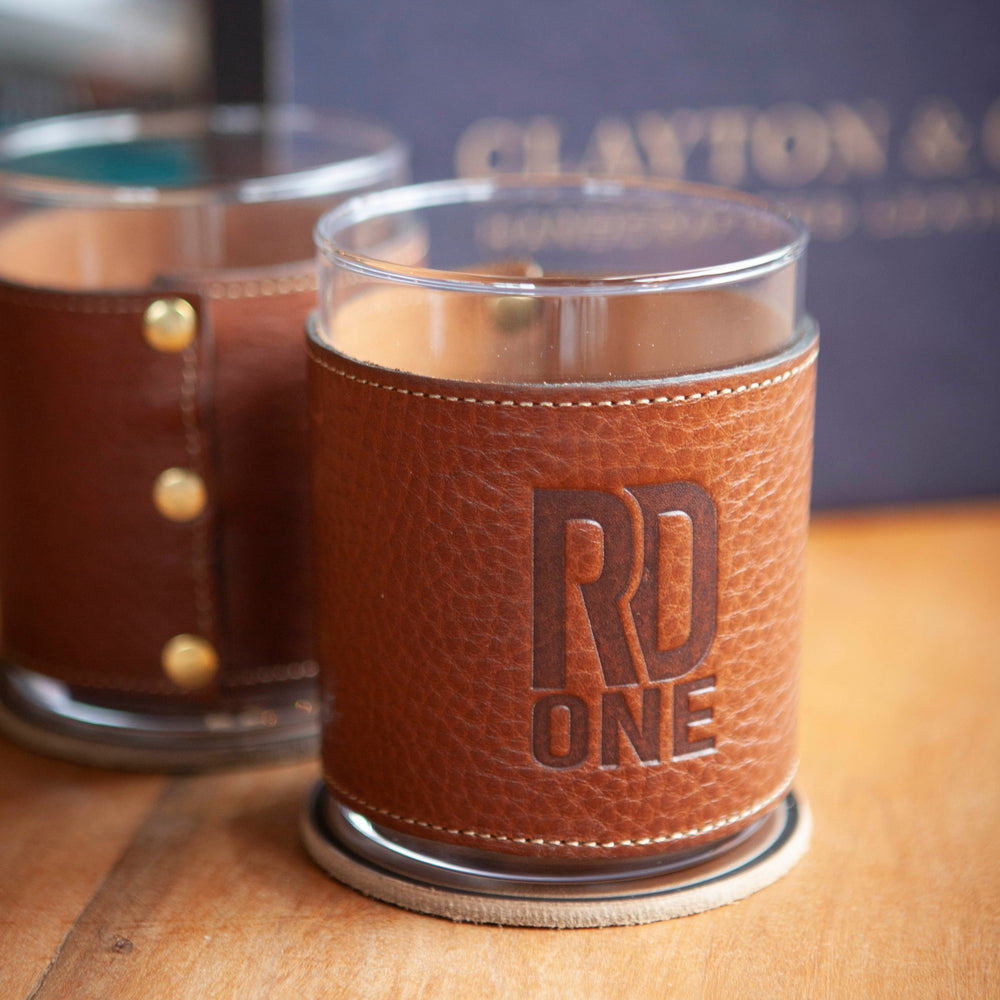 Leather Wrapped Rocks Glass (Clayton and Crume RD1 Logo) - SET OF 2